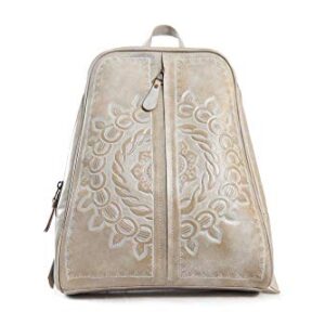 Santiago Sebastian Leathers Ladies Backpack Purse for Women, Genuine Leather, Hand tooled handbag, off white color