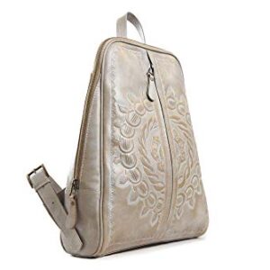 Santiago Sebastian Leathers Ladies Backpack Purse for Women, Genuine Leather, Hand tooled handbag, off white color