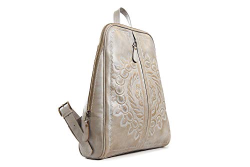 Santiago Sebastian Leathers Ladies Backpack Purse for Women, Genuine Leather, Hand tooled handbag, off white color