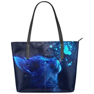 mnsruu tote bag for women cat and butterfly with blue light shoulder bag big capacity pu leather handbag