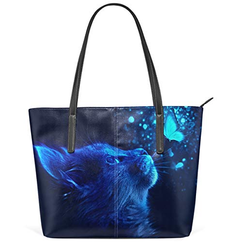 MNSRUU Tote Bag for Women Cat And Butterfly With Blue Light Shoulder Bag Big Capacity PU Leather Handbag