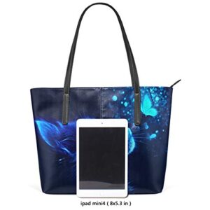 MNSRUU Tote Bag for Women Cat And Butterfly With Blue Light Shoulder Bag Big Capacity PU Leather Handbag