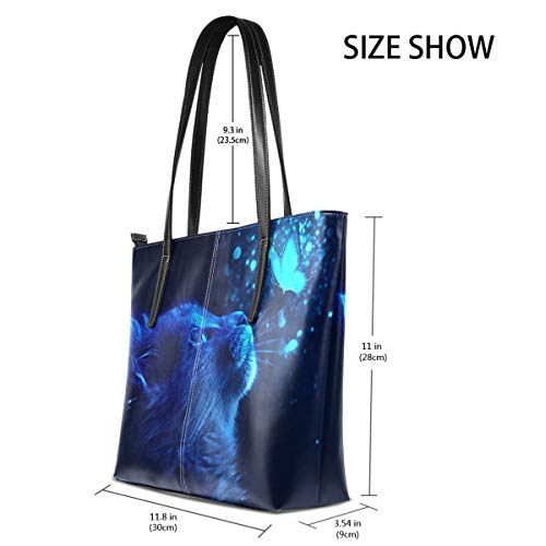 MNSRUU Tote Bag for Women Cat And Butterfly With Blue Light Shoulder Bag Big Capacity PU Leather Handbag