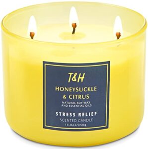 large 3 wick scented candle – honeysuckle citrus stress relief aromatherapy candle with grapefruit, mint & rose – 15.8 oz natural soy candles for men and women – scented spring candles for home