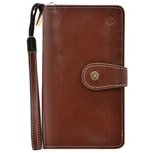 leather sr womens wallet large capacity genuine leather rfid blocking trifold ladies wristlet 24 credit card holder purse with zipper coin pocket (chestnut brown color)