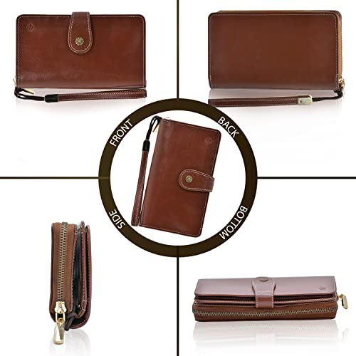 Leather SR Womens Wallet Large Capacity Genuine Leather RFID Blocking Trifold Ladies Wristlet 24 Credit Card Holder Purse With Zipper Coin Pocket (Chestnut Brown Color)