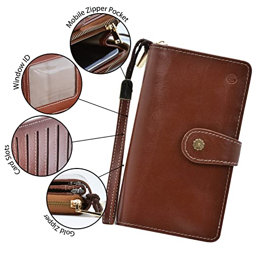 Leather SR Womens Wallet Large Capacity Genuine Leather RFID Blocking Trifold Ladies Wristlet 24 Credit Card Holder Purse With Zipper Coin Pocket (Chestnut Brown Color)