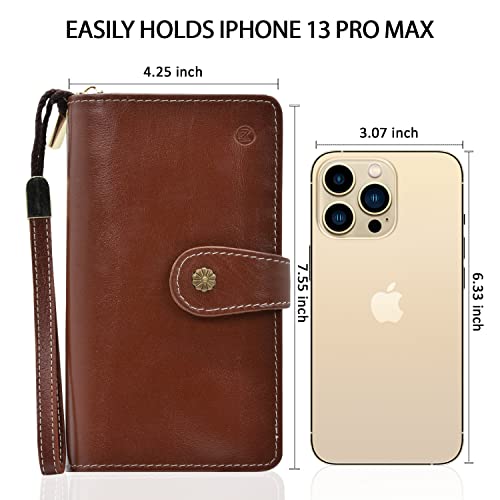 Leather SR Womens Wallet Large Capacity Genuine Leather RFID Blocking Trifold Ladies Wristlet 24 Credit Card Holder Purse With Zipper Coin Pocket (Chestnut Brown Color)