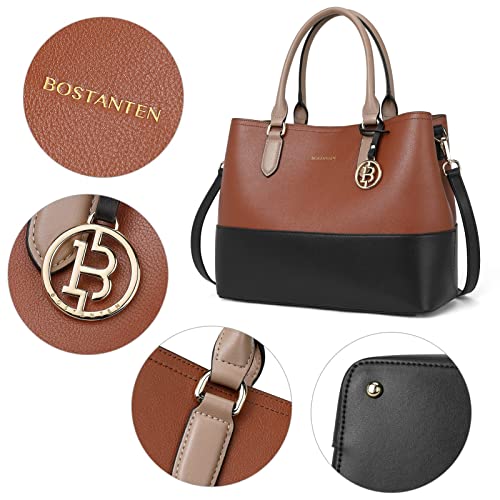 BOSTANTEN Leather Handbags for Women Designer Satchel Purses Top Handle Shoulder Crossbody Bag with Triple Compartment Black