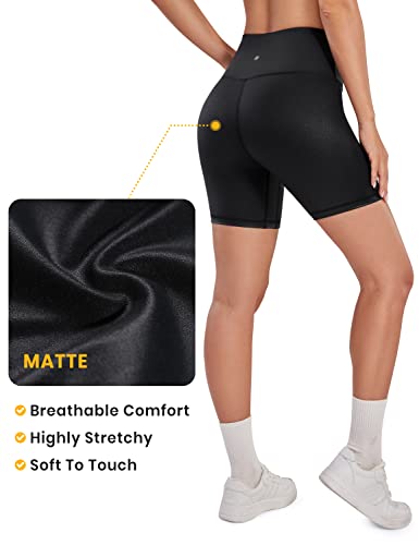 CRZ YOGA Matte Faux Leather Shorts for Women 6'' - Stretch High Waisted Spandex Biker Shorts Workout Yoga Short Leggings Black Classic Medium