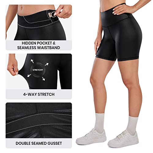 CRZ YOGA Matte Faux Leather Shorts for Women 6'' - Stretch High Waisted Spandex Biker Shorts Workout Yoga Short Leggings Black Classic Medium