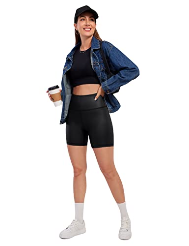 CRZ YOGA Matte Faux Leather Shorts for Women 6'' - Stretch High Waisted Spandex Biker Shorts Workout Yoga Short Leggings Black Classic Medium