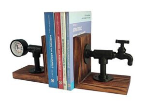 deconoor countryside wooden bookend for heavy books, rustic bookrest with modern realistic industrial metal piping for desktop, shelf decor, tabletop, bookends for home, office, study table décor