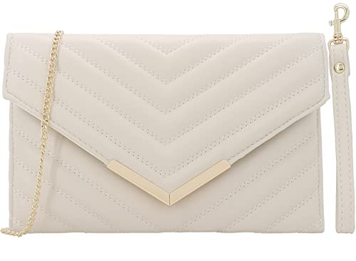 Quilted Women Envelope Clutch Bag Pouch Purse Medium Foldover Evening Handbag Ivory