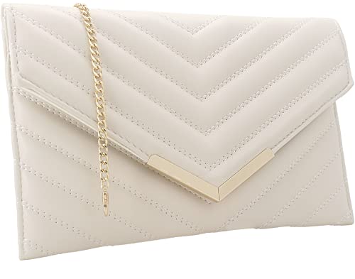 Quilted Women Envelope Clutch Bag Pouch Purse Medium Foldover Evening Handbag Ivory