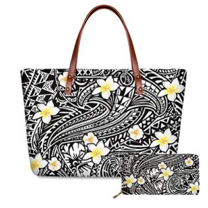 giftpuzz vintage plumeria print handbag set for women purse and handbags top handle tote satchel with long wallet leather shoulder bags pockets hobo bag storage set 2pcs polynesian nukunonu wings