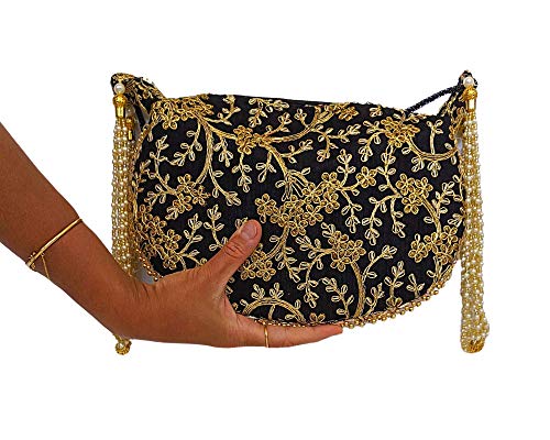 Women's Handmade Silk Drawstring Purse, Indian Potli Bag, Black Crossbody Triangle Purse