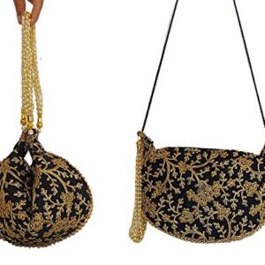 Women's Handmade Silk Drawstring Purse, Indian Potli Bag, Black Crossbody Triangle Purse