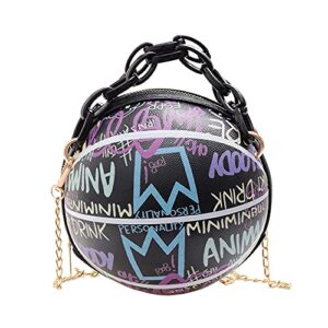 basketball shaped purse shoulder bags, round graffiti pu crossbody bag for women