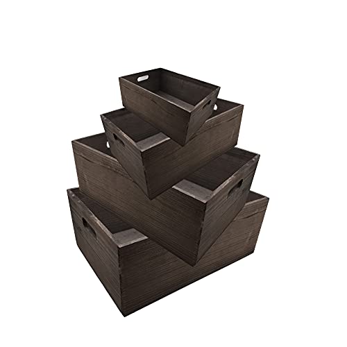 4 Pack Storage DIY Wood Crates Cutout Handles, Decorative Nesting Wood Box for Storage, Organization and Display, Set of 4 (Rustic Brown)