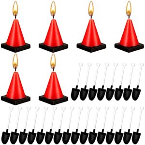 bbto 6 pieces cone shaped molded candles 50 pieces plastic shovel shape novelty spoons construction party supplies traffic cones candles for birthday cakes decorations toppers construction