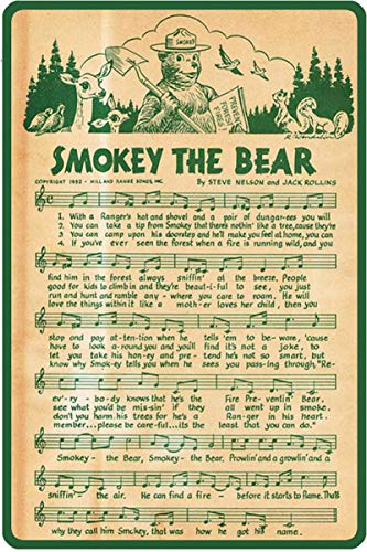Smokey The Bear Music Score Retro Metal Tin Sign Vintage Aluminum Sign for Home Coffee Wall Decor 8x12 Inch