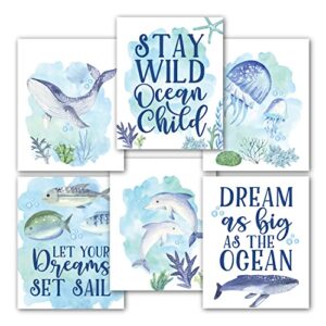 6 reversible 8×10 watercolor ocean wall art prints, beach wall decor for bedroom posters for kids, beach bathroom decor wall art prints, ocean wall decor for room posters, beach party decorations for wall prints