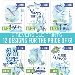 6 Reversible 8x10 Watercolor Ocean Wall Art Prints, Beach Wall Decor For Bedroom Posters For Kids, Beach Bathroom Decor Wall Art Prints, Ocean Wall Decor For Room Posters, Beach Party Decorations For Wall Prints