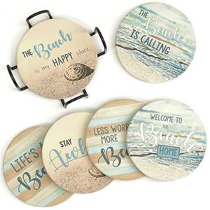 panchh beach coastal & ocean sea tropical theme coasters for drinks , kitchen decor and gifts for beach house and home beach bars – coasters for wooden table – set of 6 with holder , absorbent