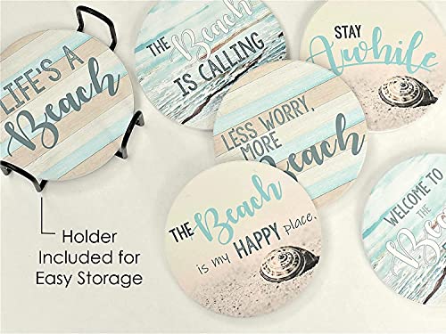 PANCHH Beach Coastal & Ocean Sea Tropical Theme Coasters for Drinks , Kitchen Decor and Gifts for Beach House and Home Beach Bars - Coasters for Wooden Table - Set of 6 with Holder , Absorbent