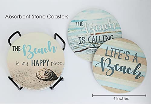 PANCHH Beach Coastal & Ocean Sea Tropical Theme Coasters for Drinks , Kitchen Decor and Gifts for Beach House and Home Beach Bars - Coasters for Wooden Table - Set of 6 with Holder , Absorbent