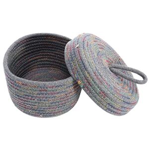 DOITOOL Woven Rope Basket with Lid Decorative Baskets Cotton Rope Woven Basket for Shelves and Coffee Table Grey