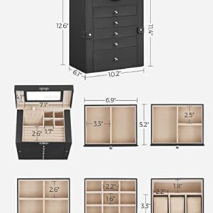 SONGMICS 6 Tier Jewelry Box, Jewelry Case with 5 Drawers, Large Storage Capacity, with Mirror, Lockable, Jewelry Storage Organizer, Gift for Loved Ones, For Watches, Black UJBC152B01