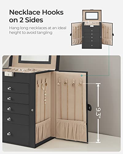 SONGMICS 6 Tier Jewelry Box, Jewelry Case with 5 Drawers, Large Storage Capacity, with Mirror, Lockable, Jewelry Storage Organizer, Gift for Loved Ones, For Watches, Black UJBC152B01