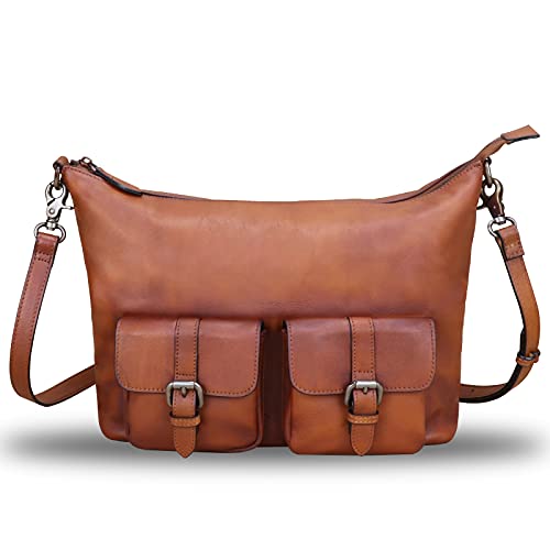 Genuine Leather Handbags for Women Handmade Purses Top Handle Shoulder Bag Vintage Style Real Leather Crossbody Satchel (Brown)