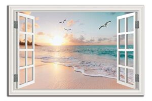beach wall art picture for living room – window frame style canvas wall decor ocean sunset – blue sea and white sand painting on canvas for bedroom office home decoration