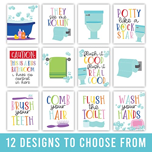 6 Reversible Kids Colorful Bathroom Decor Wall Art 8x10 - Funny Bathroom Wall Art Bathroom Wall Decor, Kids Bathroom Decor For Bathroom Pictures, Bathroom Rules Wall Decor, Funny Bathroom Signs Decor