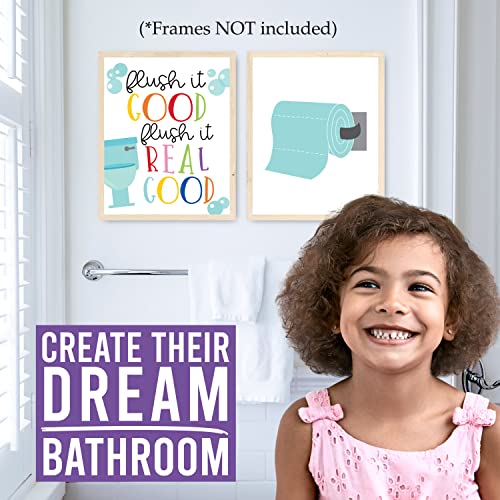 6 Reversible Kids Colorful Bathroom Decor Wall Art 8x10 - Funny Bathroom Wall Art Bathroom Wall Decor, Kids Bathroom Decor For Bathroom Pictures, Bathroom Rules Wall Decor, Funny Bathroom Signs Decor