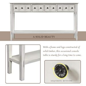 P PURLOVE Console Table Rustic Entryway Table 60" Long Sofa Table with 4 Drawers in Two Different Size and Bottom Shelf for Storage (Antique White)