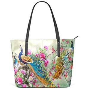 mnsruu tote bag for women multicolor flowers and peacocks shoulder bag big capacity pu leather handbag