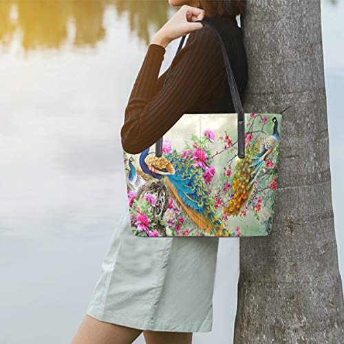 MNSRUU Tote Bag for Women Multicolor Flowers And Peacocks Shoulder Bag Big Capacity PU Leather Handbag