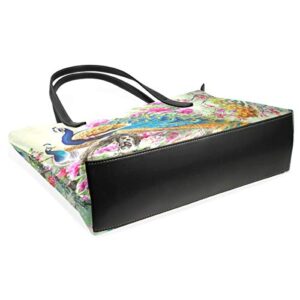 MNSRUU Tote Bag for Women Multicolor Flowers And Peacocks Shoulder Bag Big Capacity PU Leather Handbag