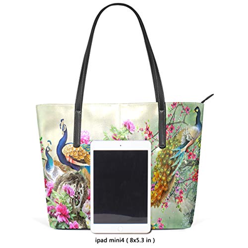 MNSRUU Tote Bag for Women Multicolor Flowers And Peacocks Shoulder Bag Big Capacity PU Leather Handbag