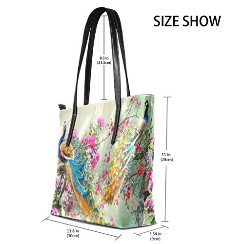 MNSRUU Tote Bag for Women Multicolor Flowers And Peacocks Shoulder Bag Big Capacity PU Leather Handbag