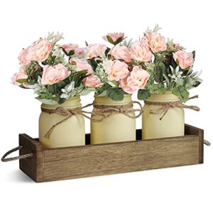 floral arrangements artificial centerpieces, centerpieces for dining room table, mason jar decorative wood tray with fake rose bouquet flowers farmhouse decor for living room kitchen table – pink