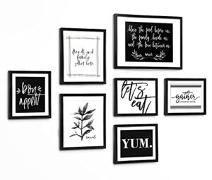 artbyhannah black and white dining room wall art decor set of 7 with gallery wall frames and decorative art prints for kitchen wall decoration, multi-size 12×16, 9.5×12, 8×9.5