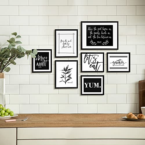 ArtbyHannah Black and White Dining Room Wall Art Decor Set of 7 with Gallery Wall Frames and Decorative Art Prints for Kitchen Wall Decoration, Multi-Size 12x16, 9.5x12, 8x9.5