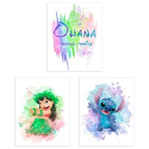 lilo & stitch posters – set of 3 (8 inches x 10 inches) ohana means family watercolor wall art decor prints for nursery