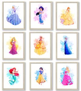 herzii prints princess wall art decor watercolor prints set of 9 – 8 x 10 inch – princess bedroom decor, princess room decor, princess wall decor for girls bedroom