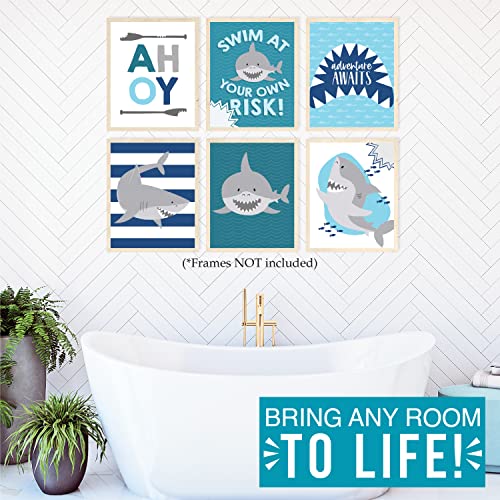 6 Reversible 8x10 Shark Wall Art Prints, Shark Decor For Boys Room, Shark Party Decorations For Wall Art Prints, Shark Bathroom Decor, Ocean Wall Decor For Room Decor For Boys, Under The Sea Decor